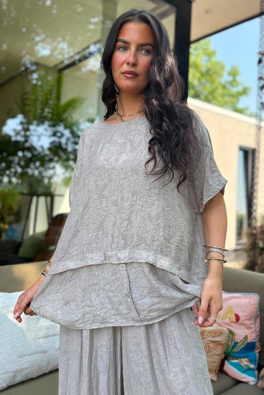 Tasha Damask Cap Sleeve Button Top Mocha